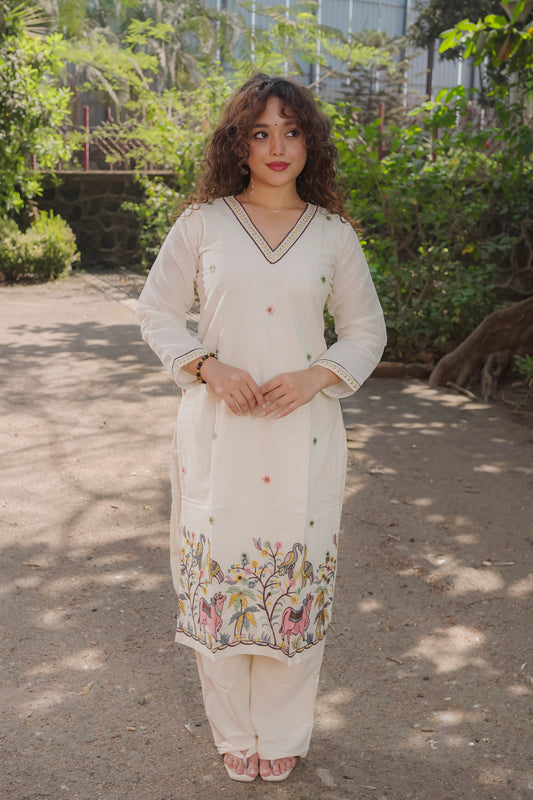 Aadhya - White embroidered kora cotton kurta