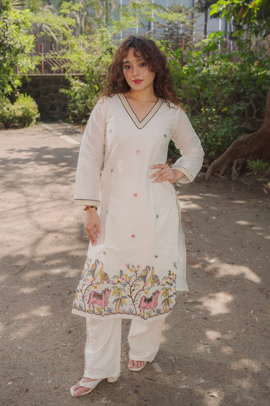 Aadhya - White embroidered kora cotton kurta