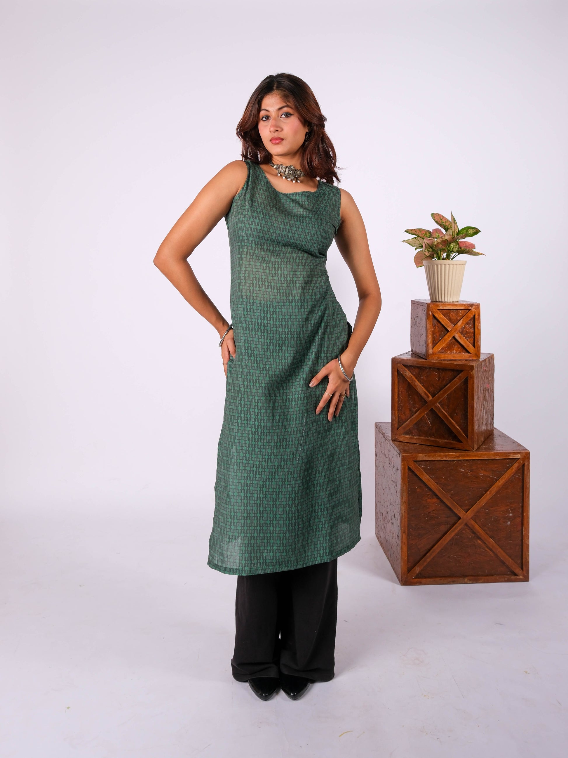 Anya - Women Green Round Neck Long Kurta Sleeveless Marici Anya - Women Green Round Neck Long Kurta Sleeveless Marici